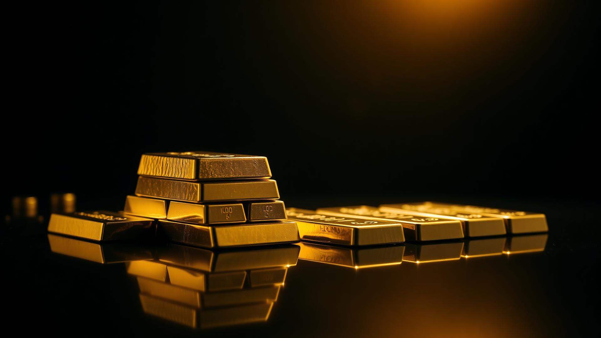 Gold bars on a dark reflective surface